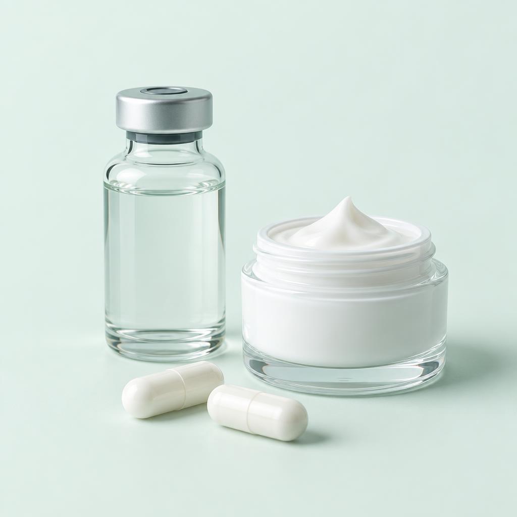 Unlabeled vial, cream jar and capsules