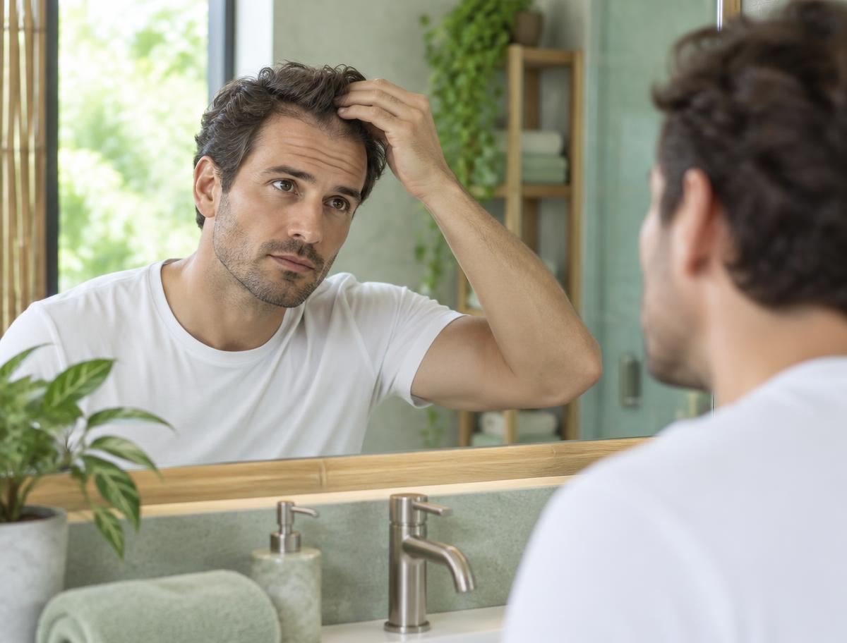 Man with healthy hair in a bright, natural grooming space