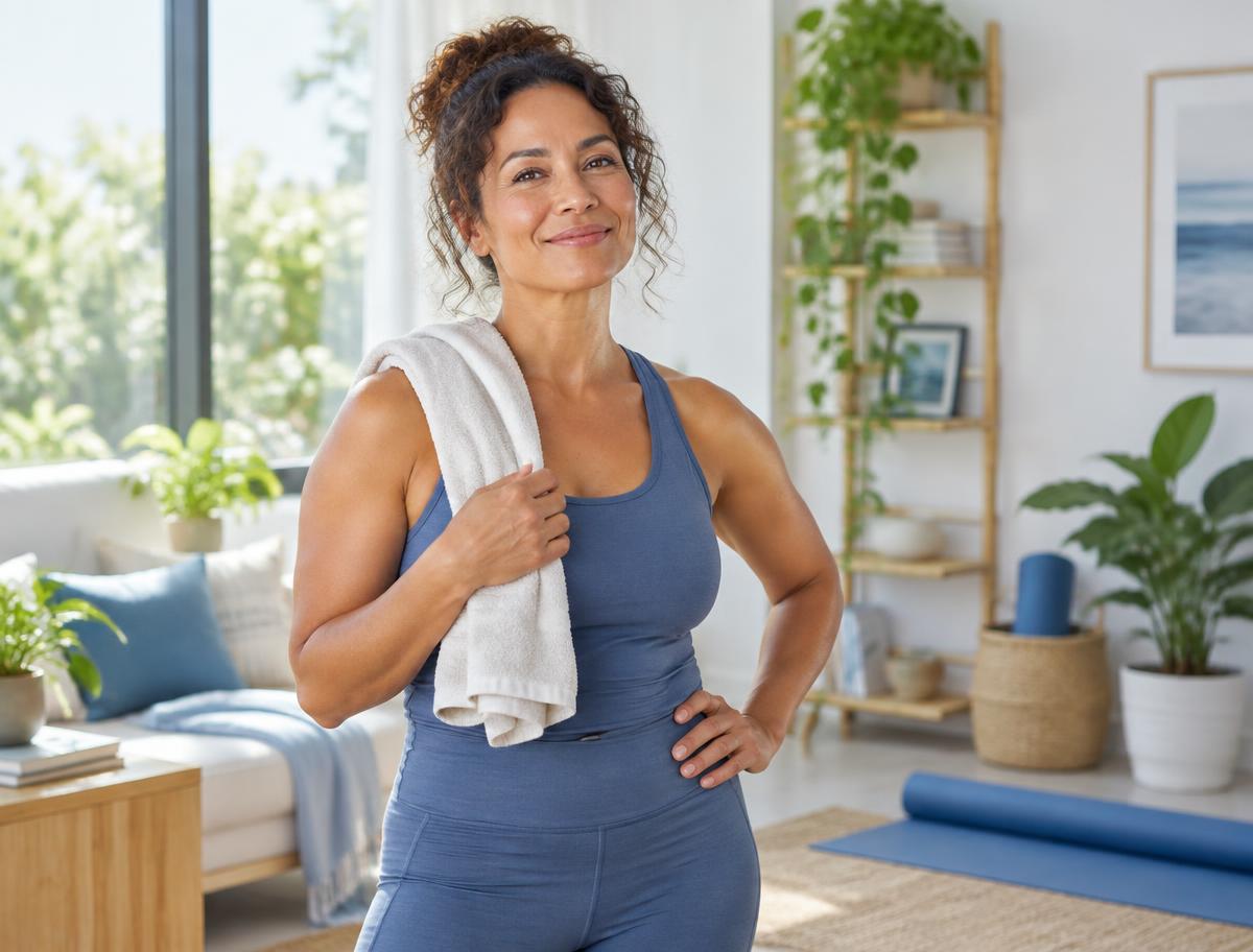 Adult woman in blue workout clothes in a bright fitness studio